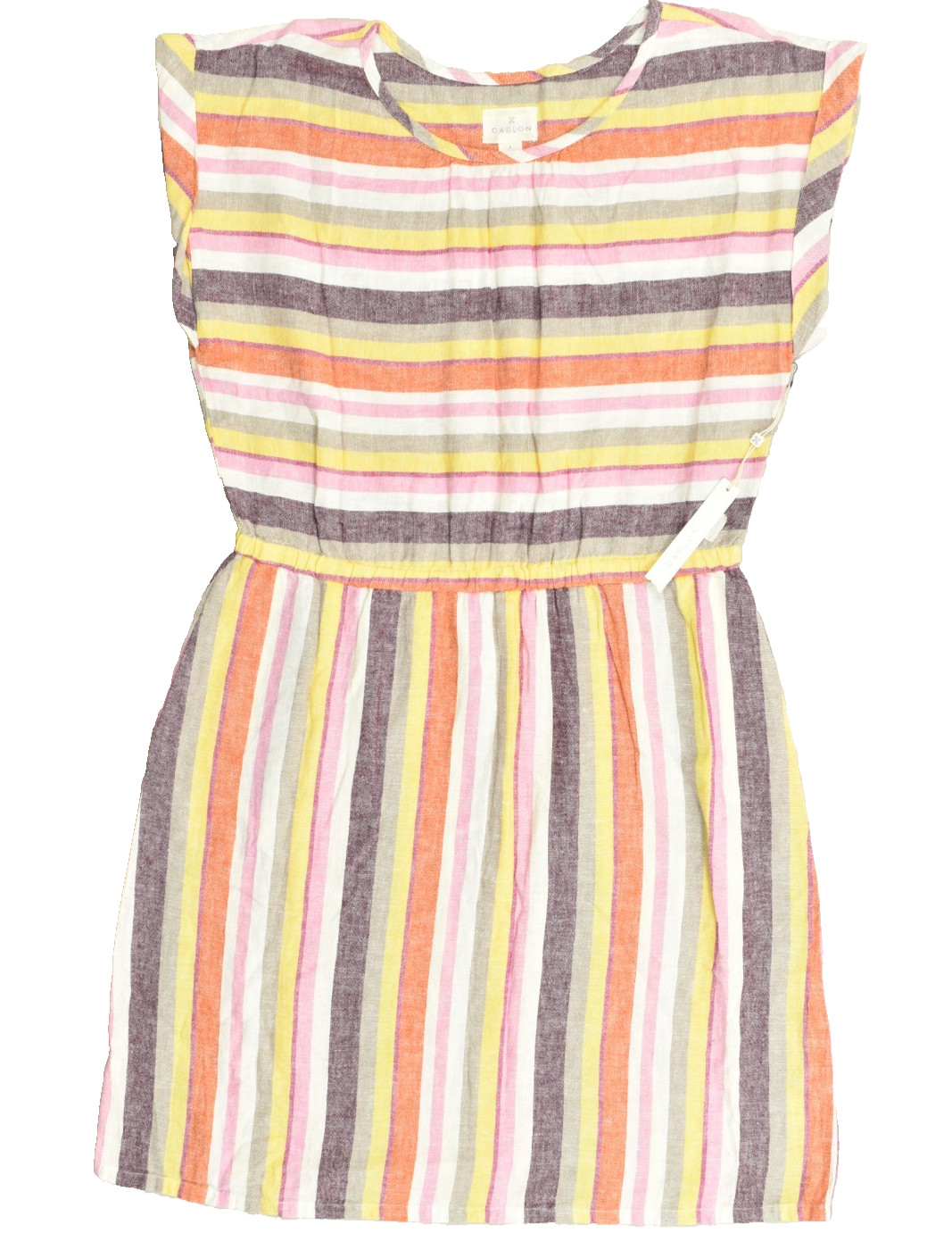 Caslon Womens L Multicolor Striped Linen Blend Short Sleeve Elastic Waist NEW