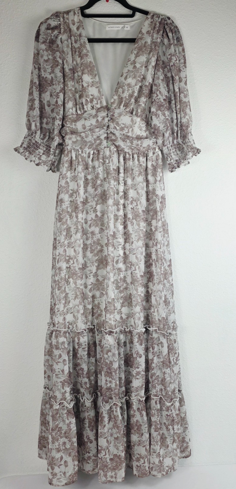 Altar’d State Prairie Floral Cuffed Puff Sleeve Maxi Dress Medium Tiered Cottage