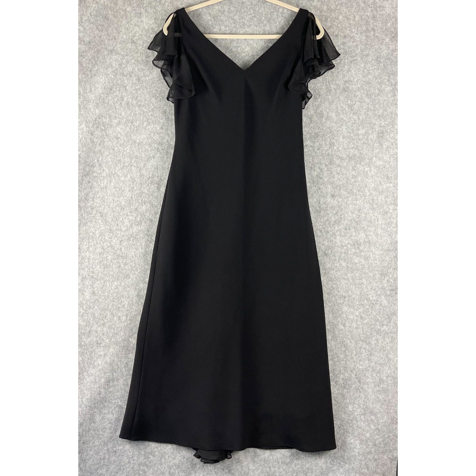 VTG Jones New York Silk Blend Dress Women 12 Black Flutter Sleeve Midi Classic