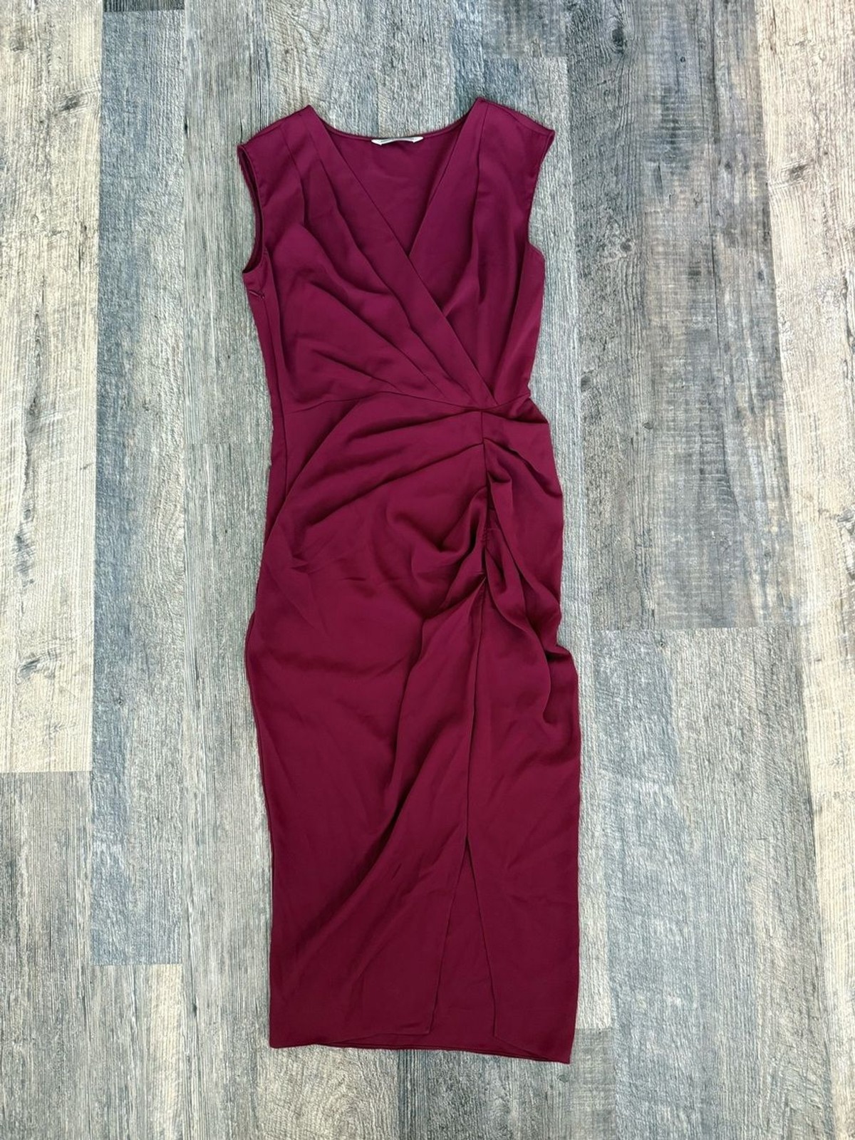 Amanda Uprichard Burgundy Ruched Sheath Twist Front Faux Wrap Midi Dress Small