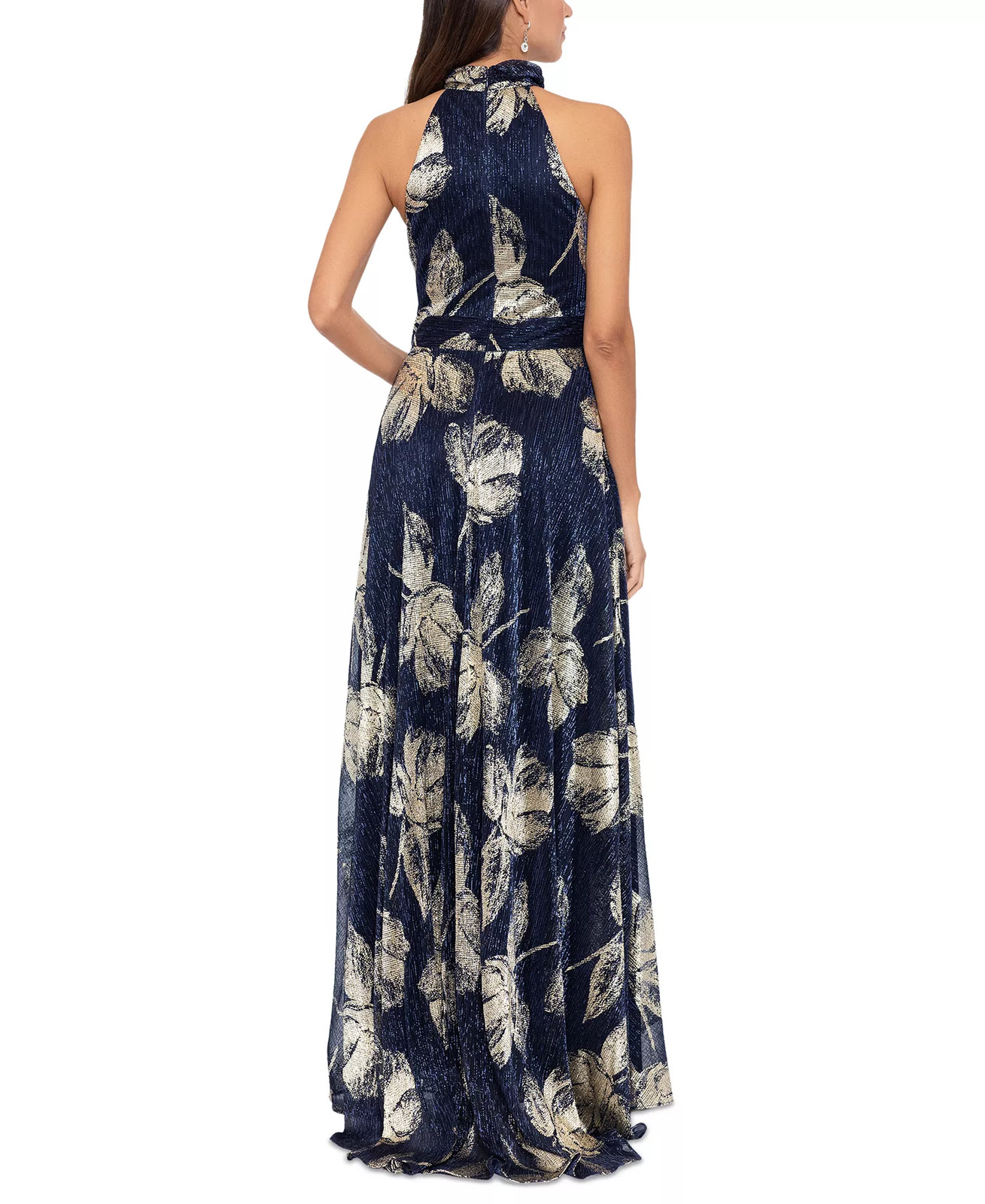 Betsy & Adam Metallic Gown Halter Floral Slit Pockets Formal Navy Silver 8 $289