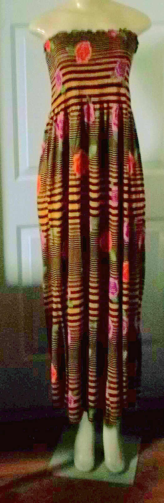 GOLD BLACK STRIPE FLORAL LONG MAXI DRESS STRAPLESS ELASTIC TOP LARGE