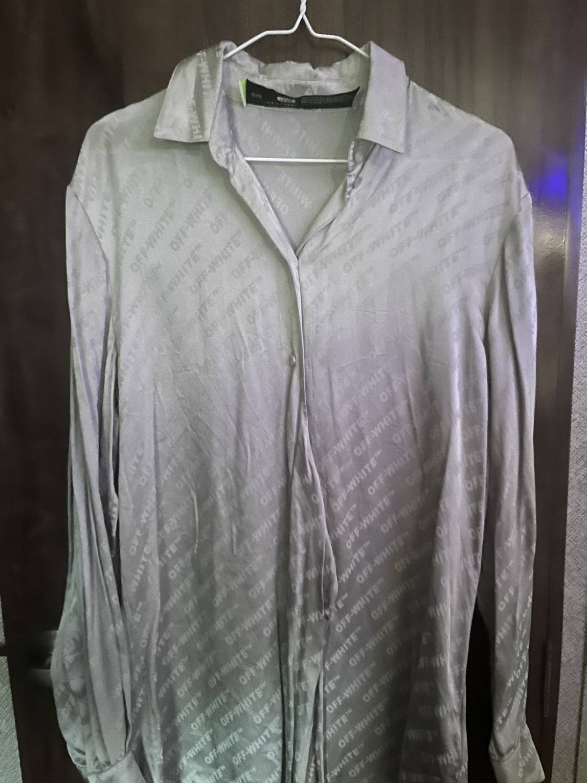 Off-White c/o Virgil Abloh Main Label Gray Logo Button-Up Shirt Sz Large ITALIAN
