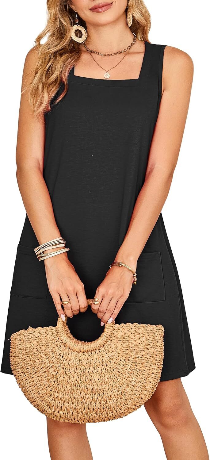 Womens Square Neck Sundress with Pockets Casual Loose Fit Summer Spring Dress