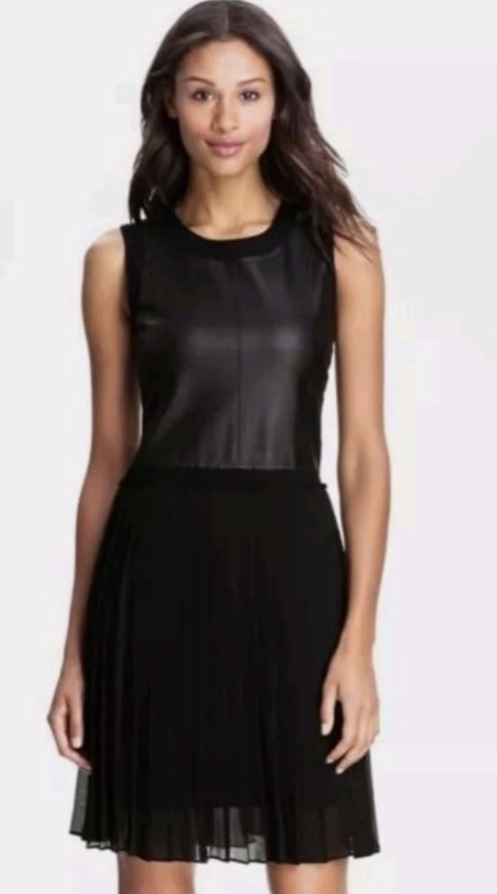 NWT BCBG MAXAZRIA SIZE S Cleo Mixed Media Faux Leather & Pleated Skirt Dress