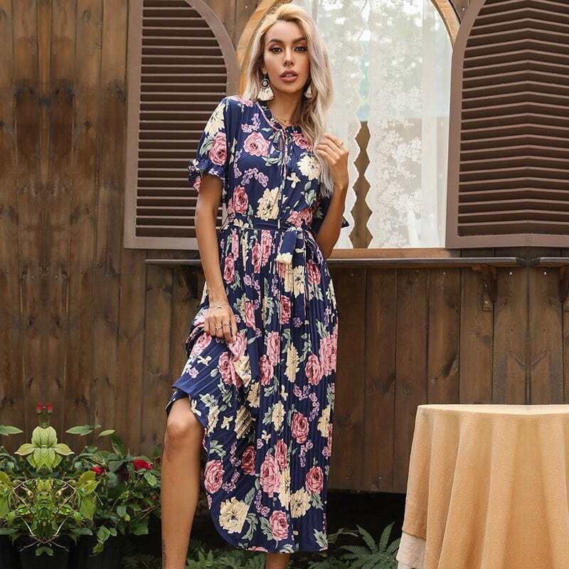 Ruffle Neck Pleated Dress