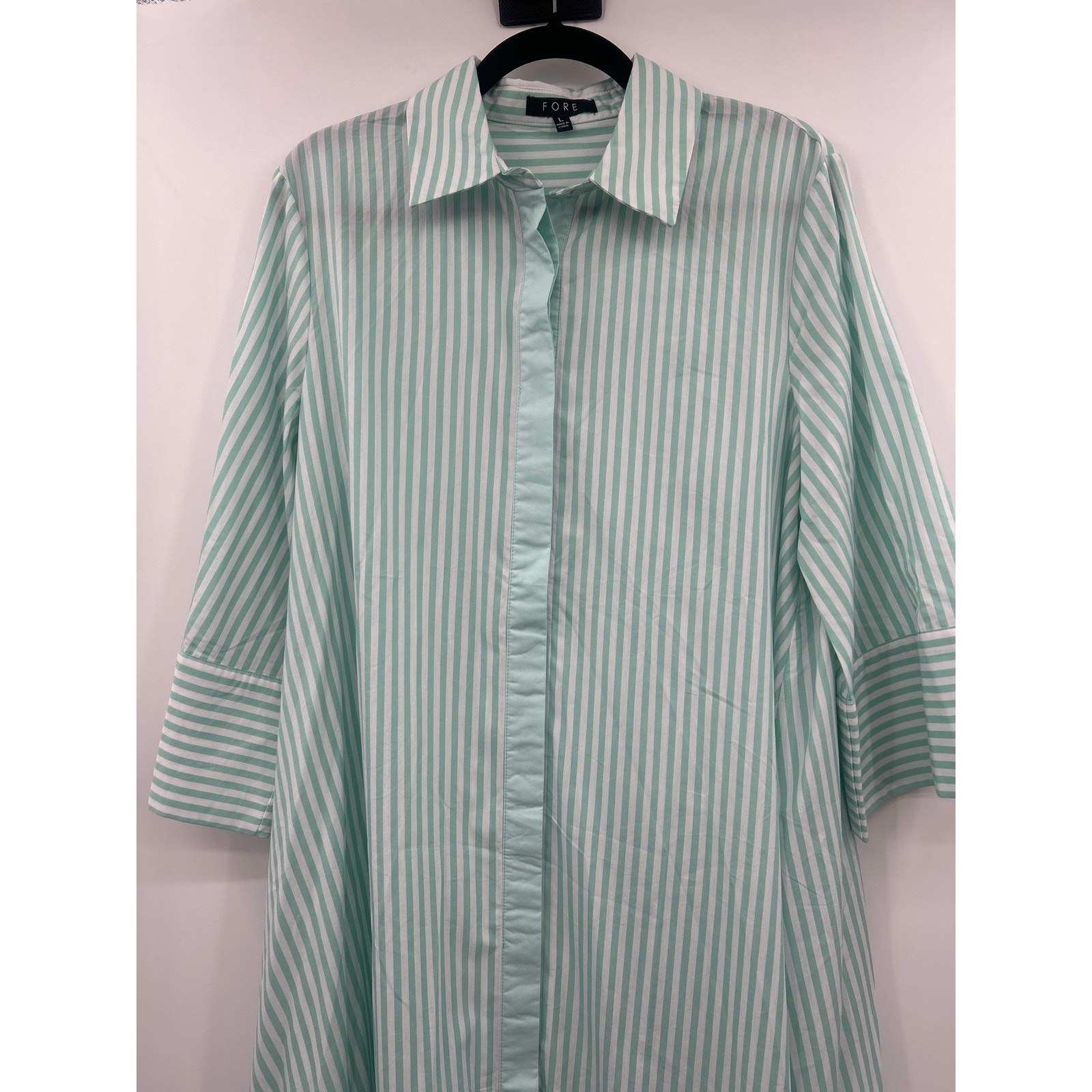 Fore Mint Green Striped Button Front Maxi Shirt Dress Large Flowy Cotton Blend