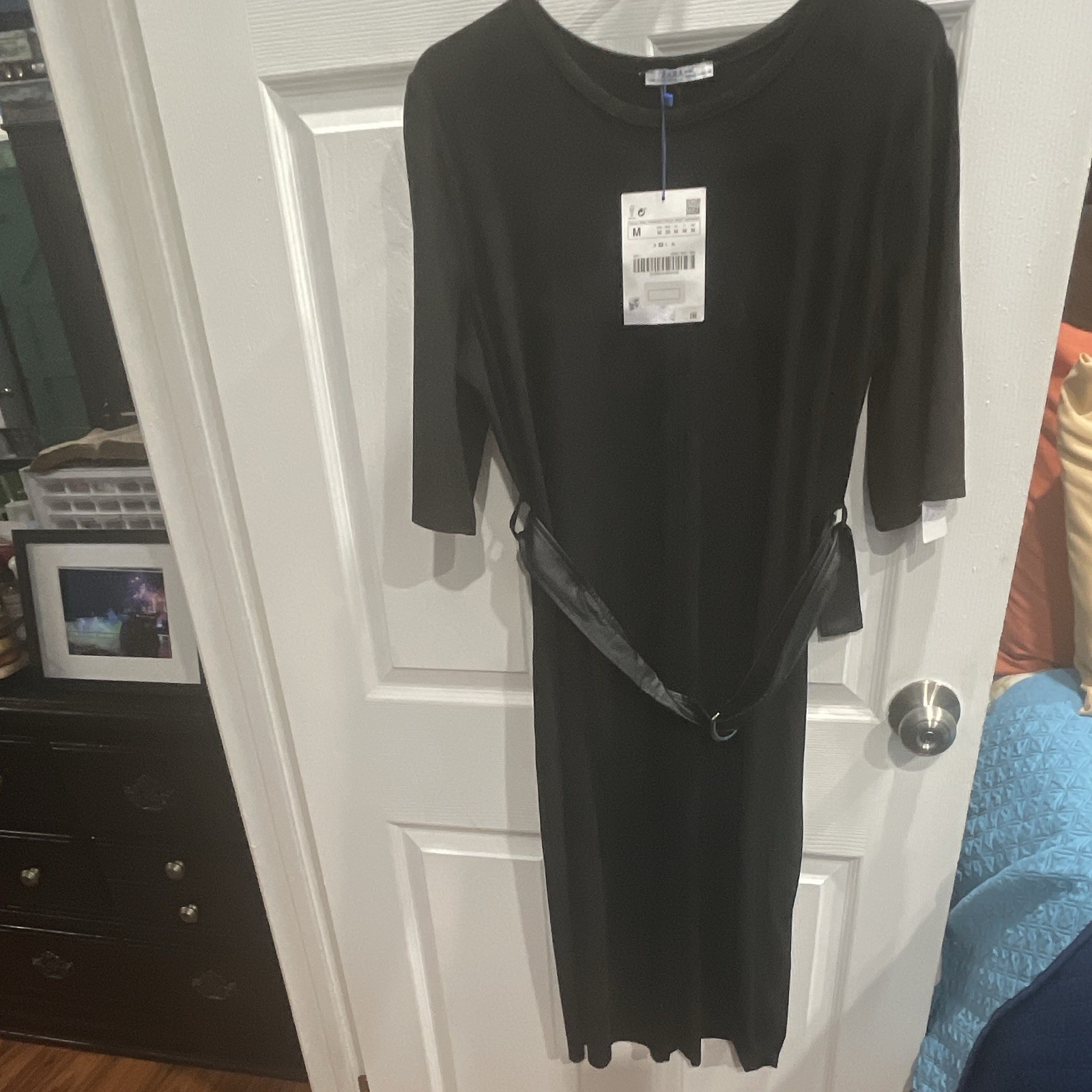 Zara Black Midi Sheath Dress Faux Suede Belted 3/4 Sleeve Round Neck M