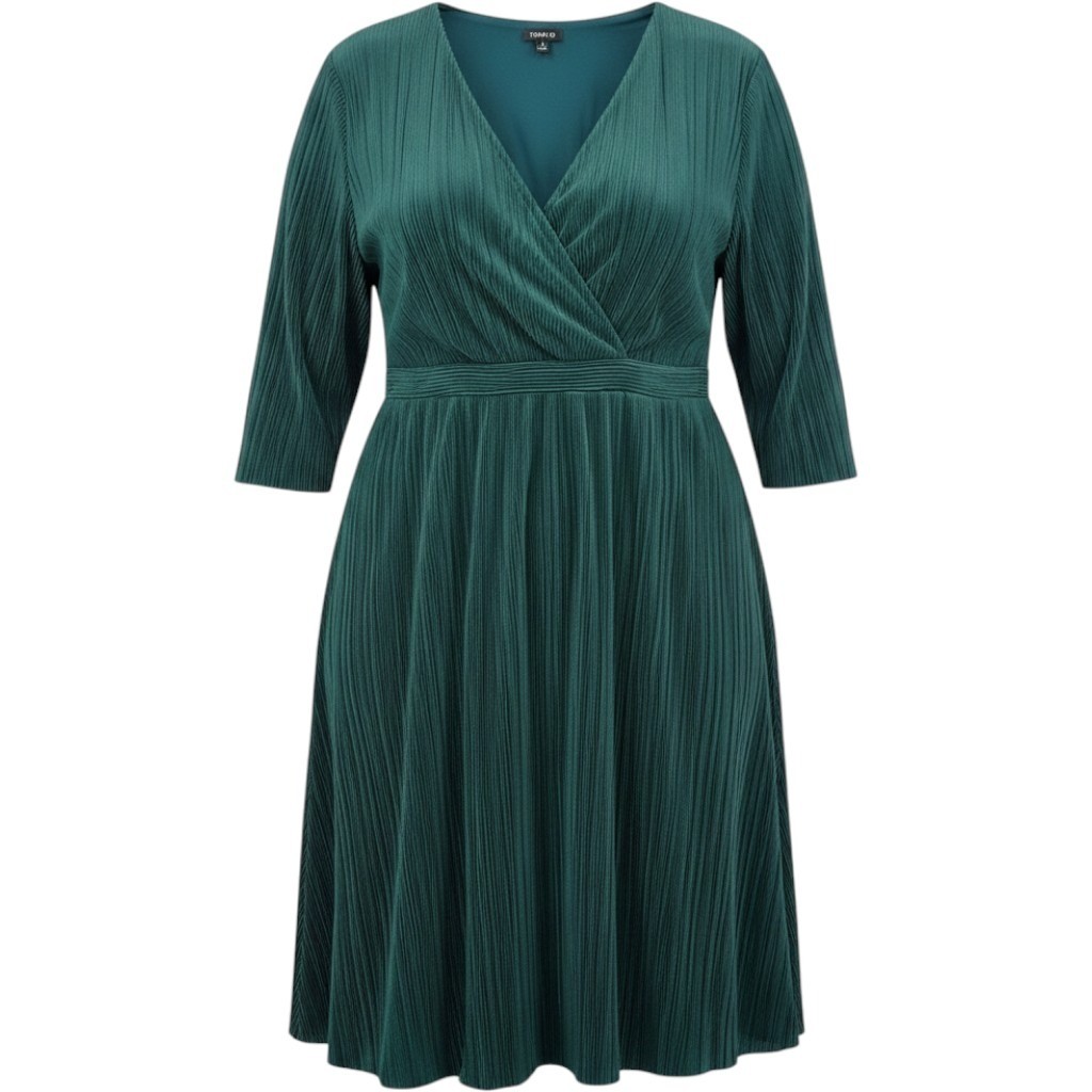 Torrid Size 3X Emerald Green Pleated Midi Dress Plus V Neck 3/4 Sleeve Office