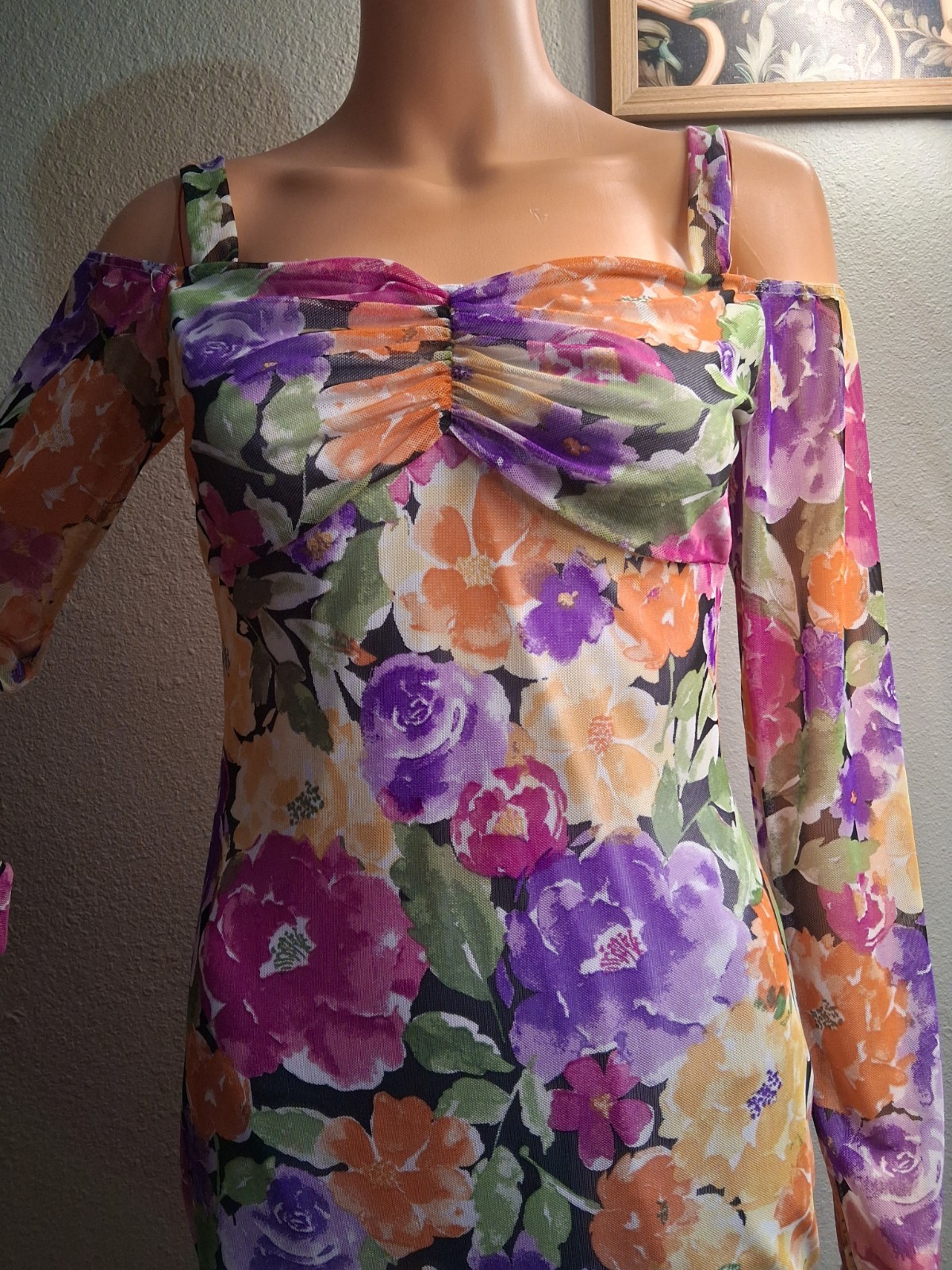Fashion Nova Floral Mesh Off Shoulder Cold Shoulder Bodycon Mini Dress M