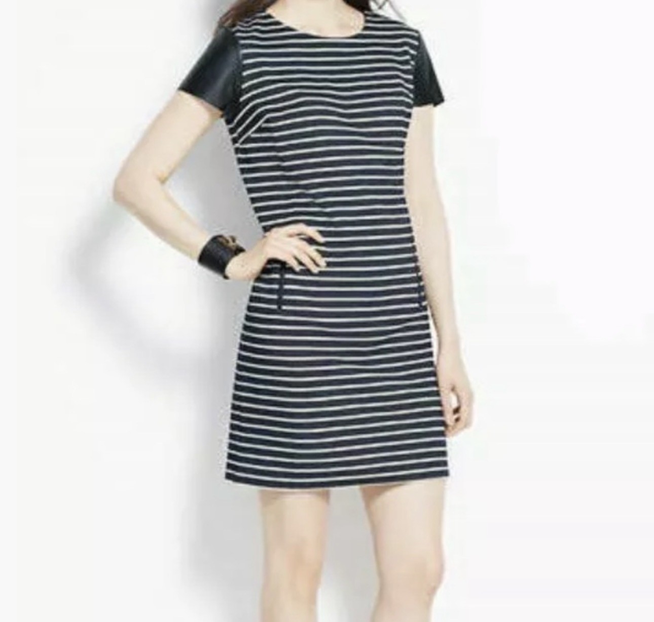 Ann Taylor Womens Shift Career Dress Navy White Faux Leather Short Sleeve M