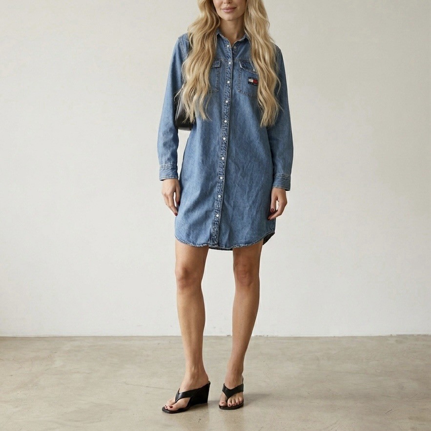 Tommy Hilfiger Jeans Women’s Shirt Dress Medium Denim Snap Button Casual Preppy