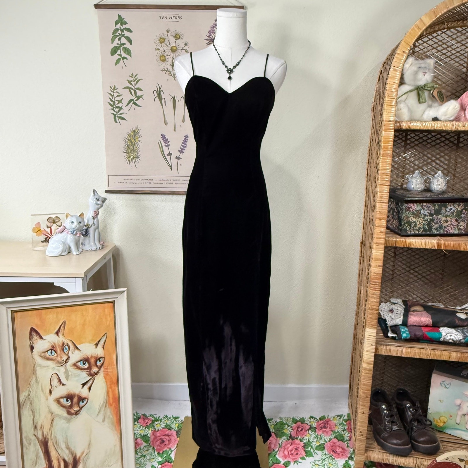 Vtg 90s Velvet Formal Maxi Dress Sexy Romantic Goth Vampire Whimsigoth Glam XS