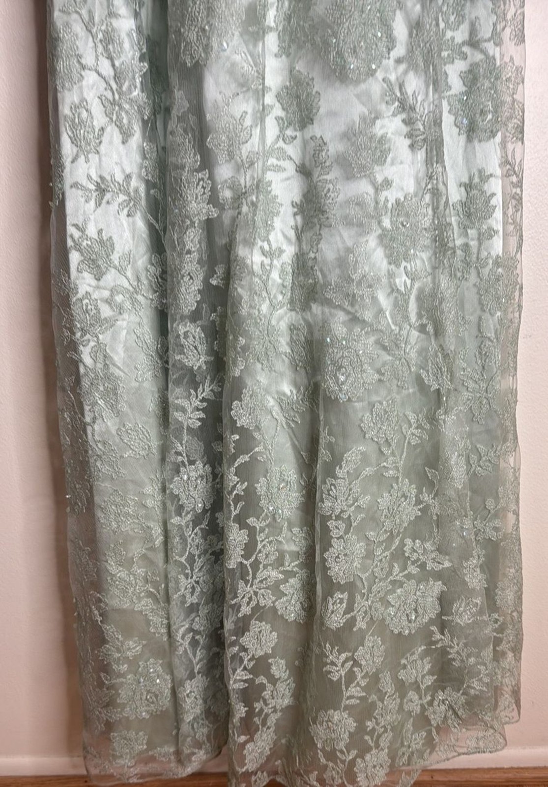 vtg Cassandra Stone Dress Womens 8 Sage Green Lace Gown Formal Evening Beaded