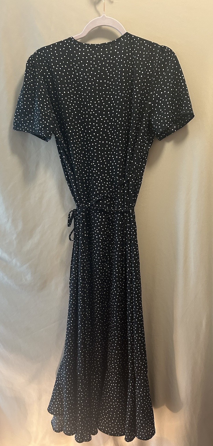 Prettygarden Black Polka Dot Wrap Midi Dress V-Neck & Ruffled Hem SZ M