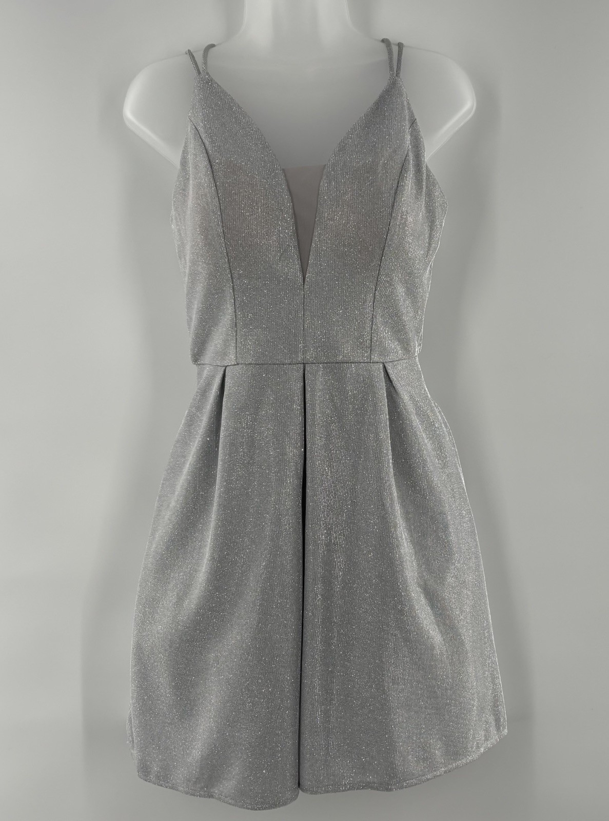 Crystal Doll Sleeveless Silver Metallic Glitter V-Neck Mini Dress Sz 11 Pockets