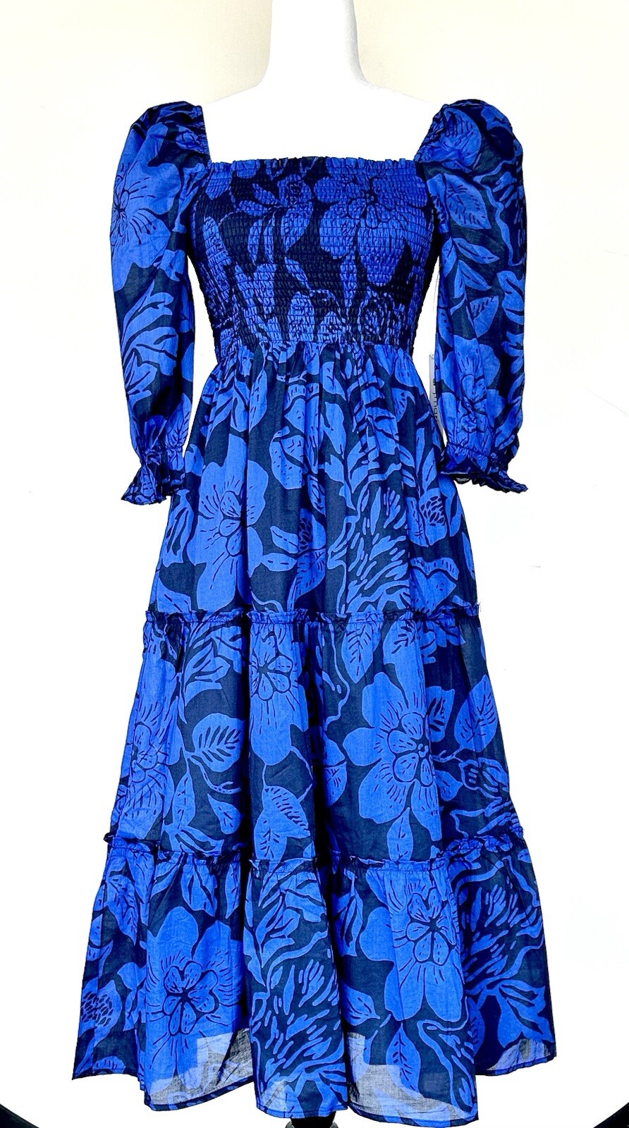 J Marie Stevie Smocked Square Ruched Midi Dress Size XS Retails $184 NWT Tiered