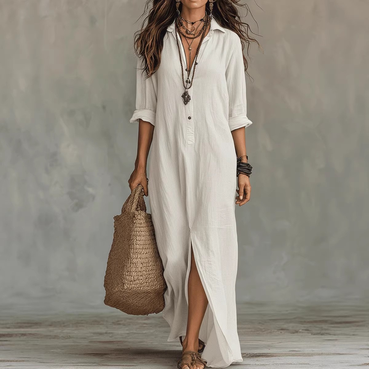 Long-sleeve Maxi Dress Casual Solid Color Lapel Collar Side Slit Beach Dresses W