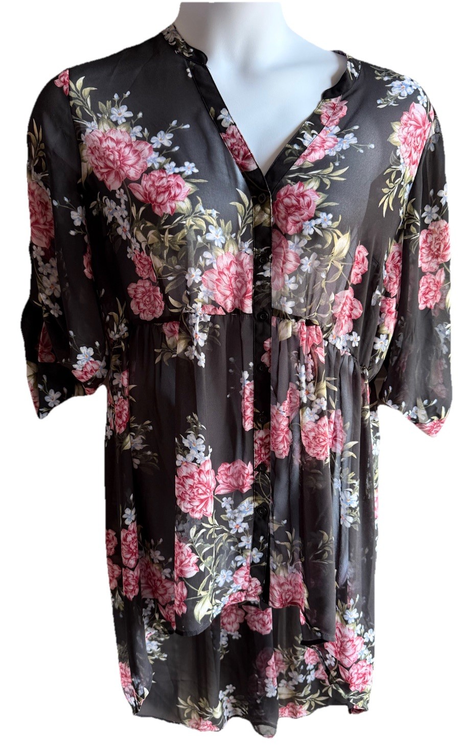TORRID Size 2 Floral Dress HI-Low Hemline Button Up V-Neck Boho Romantic Cottage