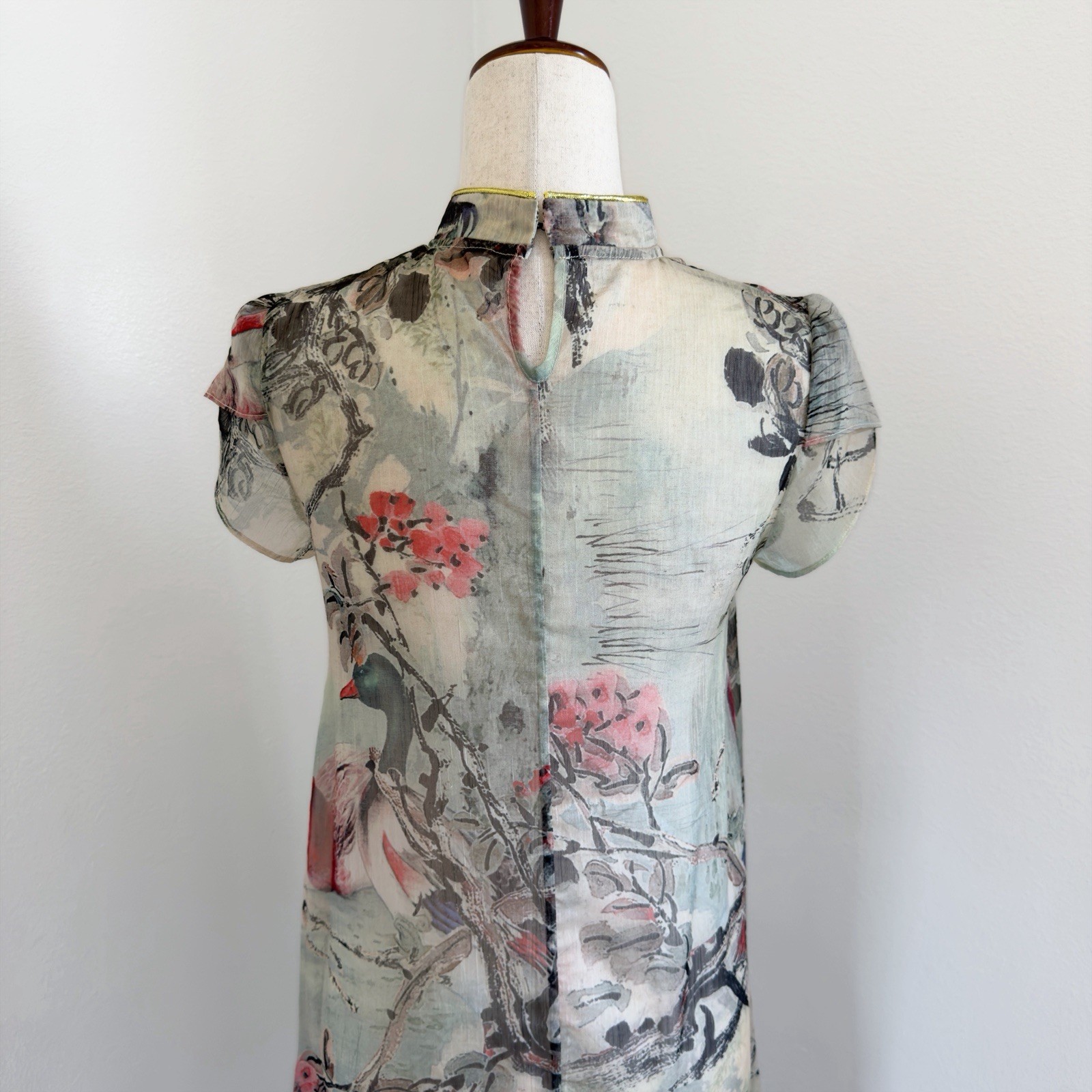 Delicate Cheongsam Dress Womens Small* Bird Mandarin Collar Whimsical Dainty