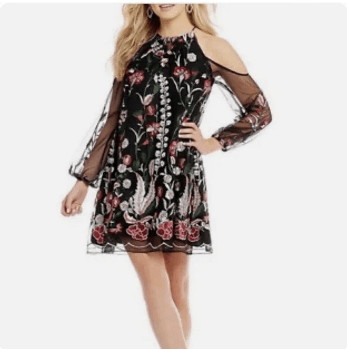 Badgley Mischka Black Floral Tule Shauna Sheer Long Sleeve Mini Cocktail Dress 8