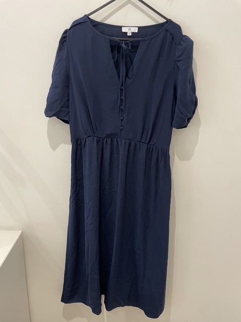 La Redoute Navy V-Neck Midi Dress Size 12 Short Puff Sleeves Draping RRP £52