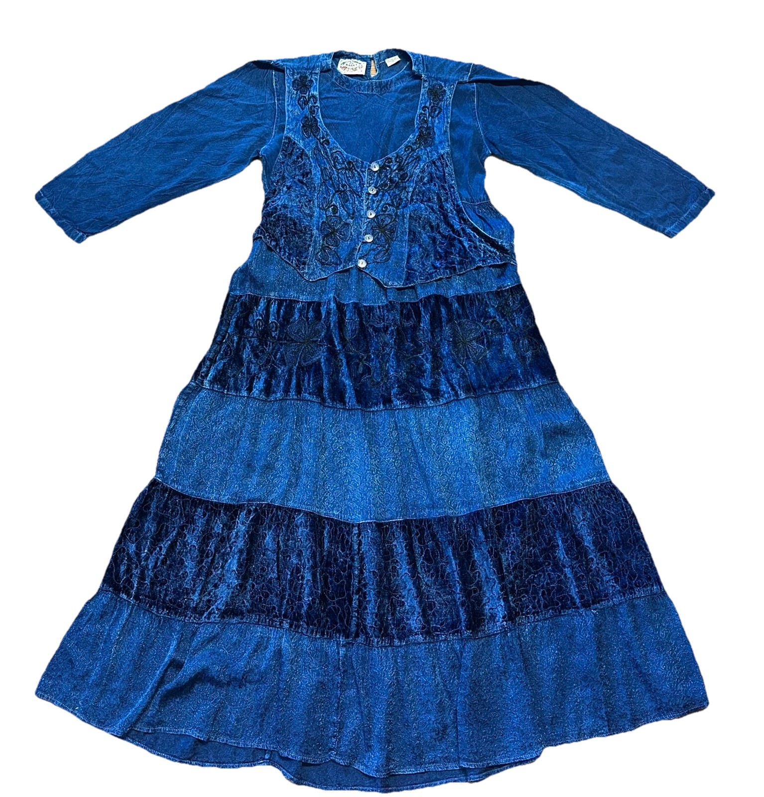 VTG 24 Karat Embroidered Floral Dress Women’s M Blue Boho Western Retro 90s Y2K