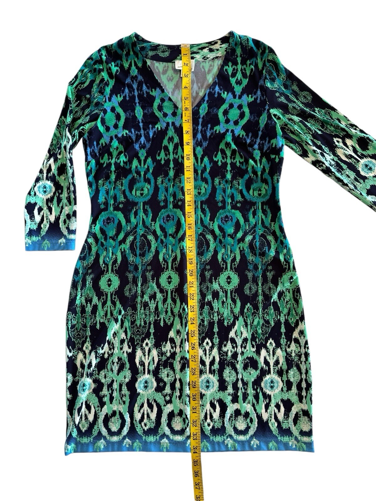 Donna Morgan Shift Pencil Dress Womens 6 Stretch Multicolor V-Neck 3/4 Sleeves