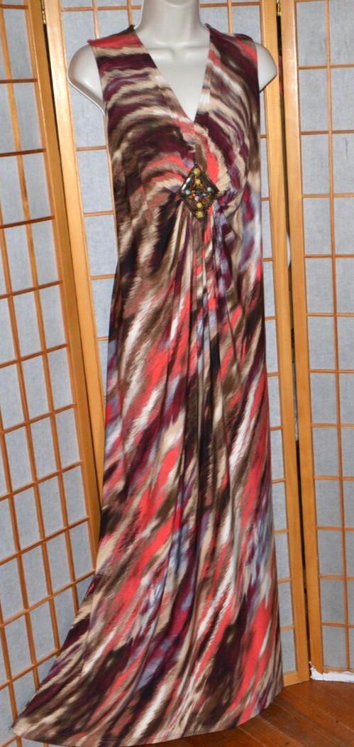 Dressbarn Women Brown ~Camel~Coral Stretch Knit ~Beaded Trim~ Maxi Dress Sz. 18