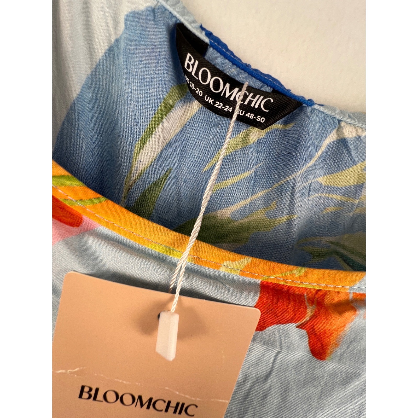 Bloomchic Floral Midi Dress Light Blue Empire Waist Short Sleeve Size 18-20