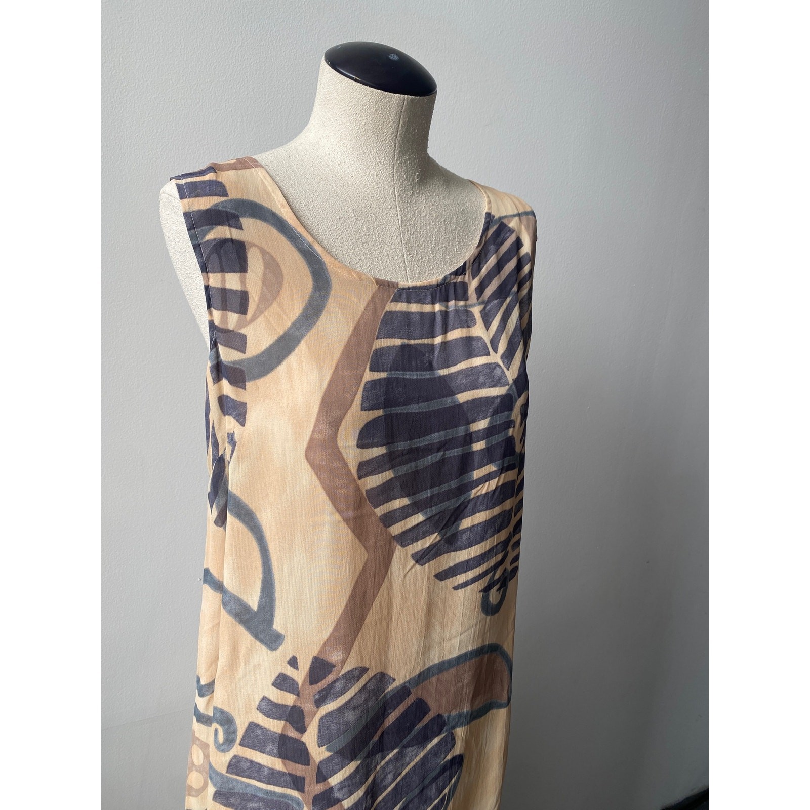 Vtg 90s Earthy Botanical Sleeveless Maxi Dress Tan Gray Boho Minimalist Sz M