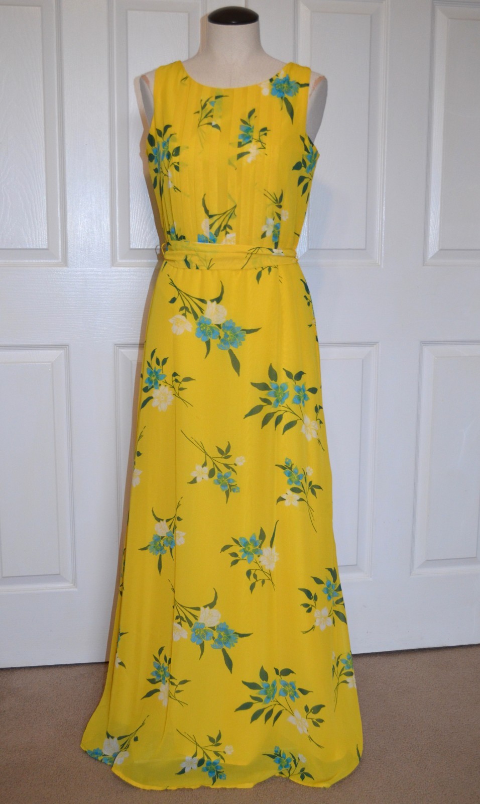 Sharagano Yellow Floral Sleeveless Belted Maxi Dress Womens 2 Chiffon Lined