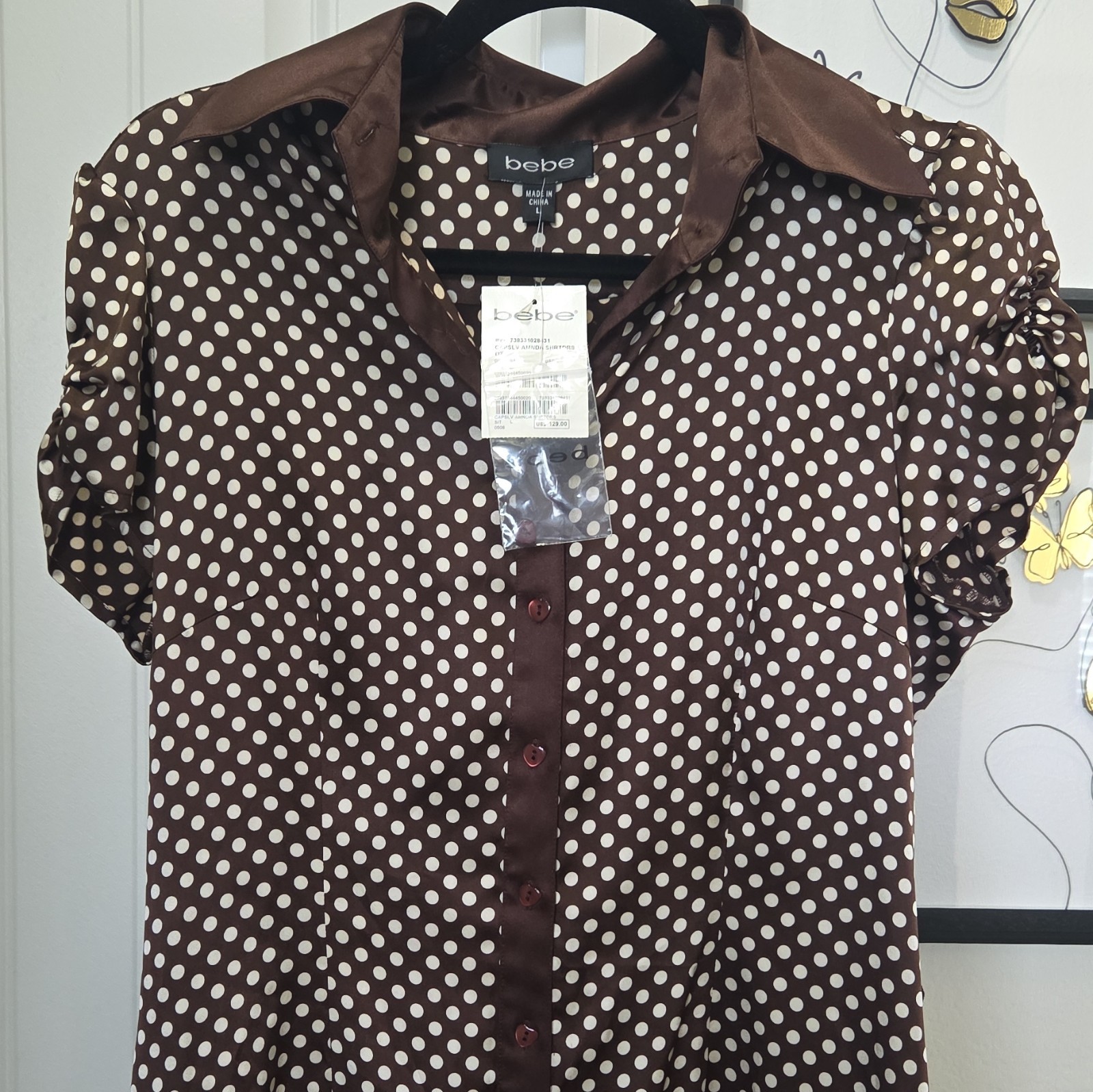 bebe Brown/White Polka Dot Collared Button-Front Shirt Dress Puff Sleeve Sz Lrg
