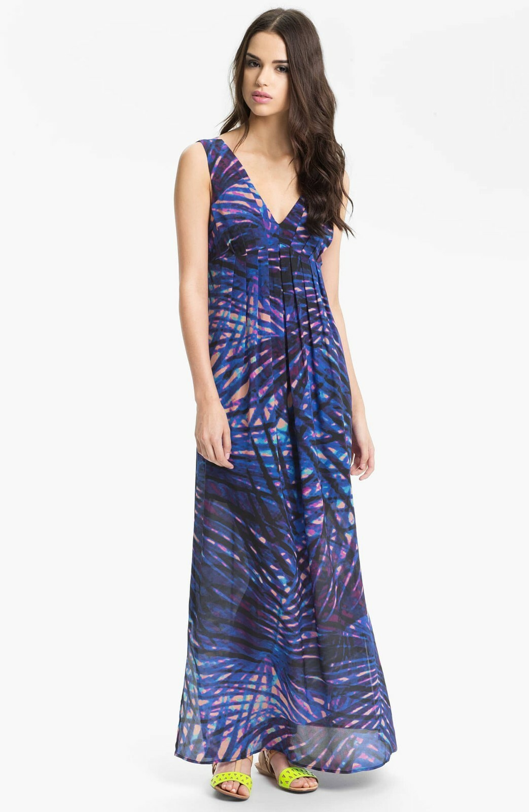 PRESLEY SKYE Print Silk Maxi Dress Blue Empire Waist Pleated Sleeveless S Lined