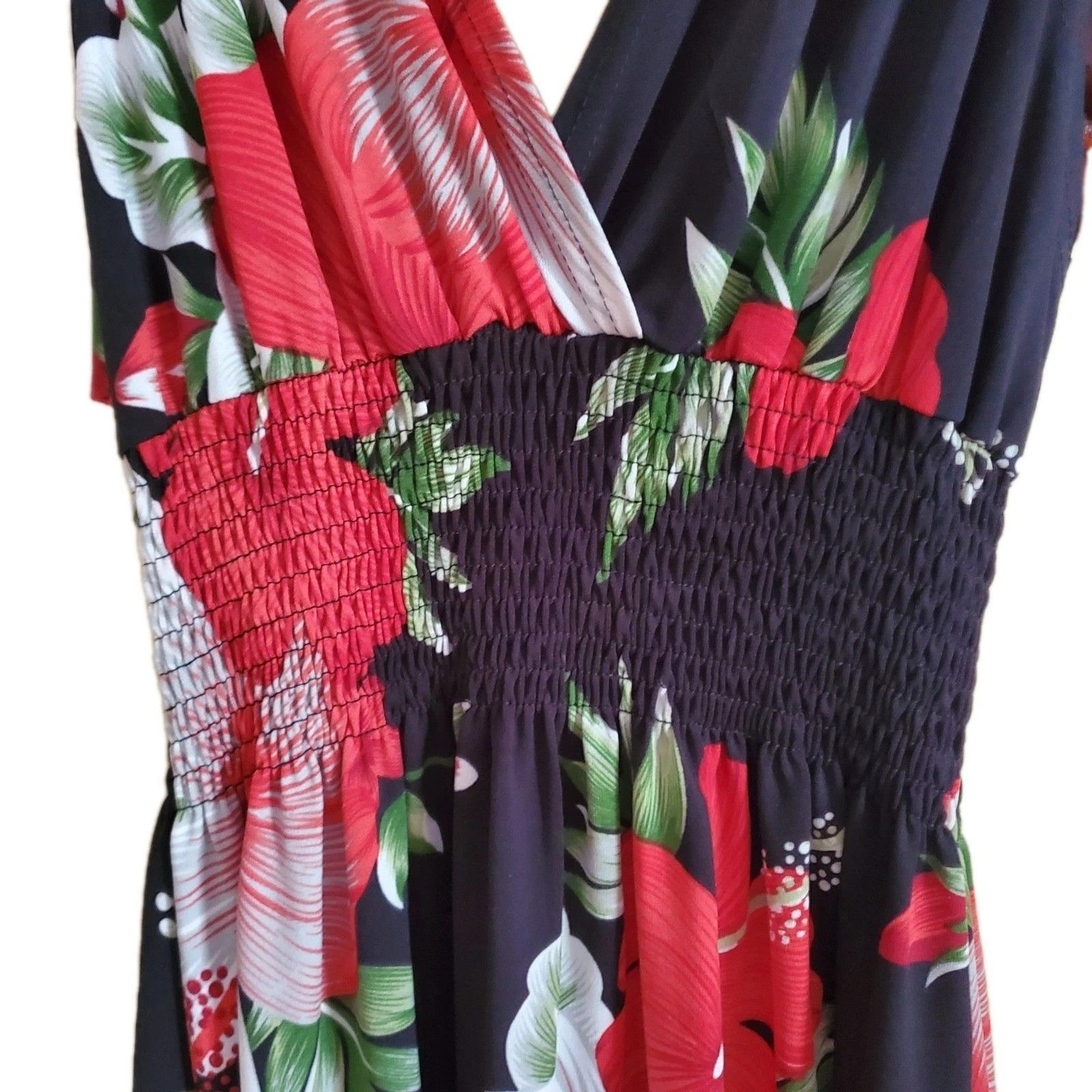 Boho Tropical Floral Beach Mini Dress S Smocked Empire Waist V-Neck Shoulder Tie