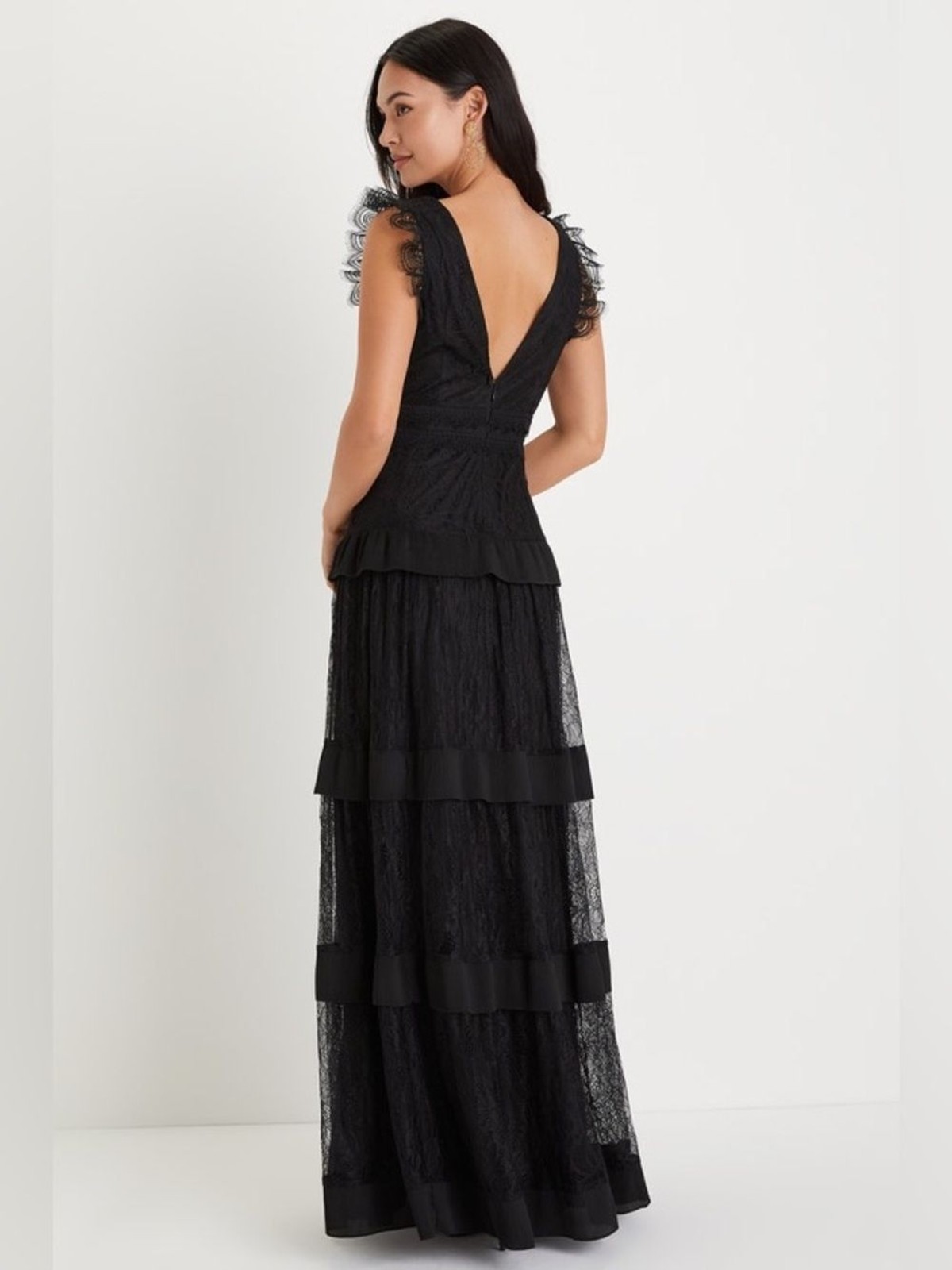 Lulus Marvelous Darling Black Lace Ruffled Tiered Maxi Dress Size XL