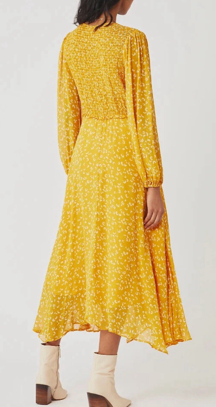 Ghost London Margaux Leopard-Print Dress Sun Yellow Midi Dress Size XS