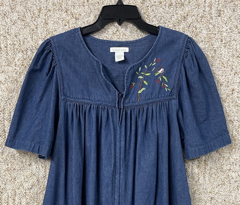 Bechamel Denim Medium Petite Safari Animals Embroidered House Patio Jean Dress