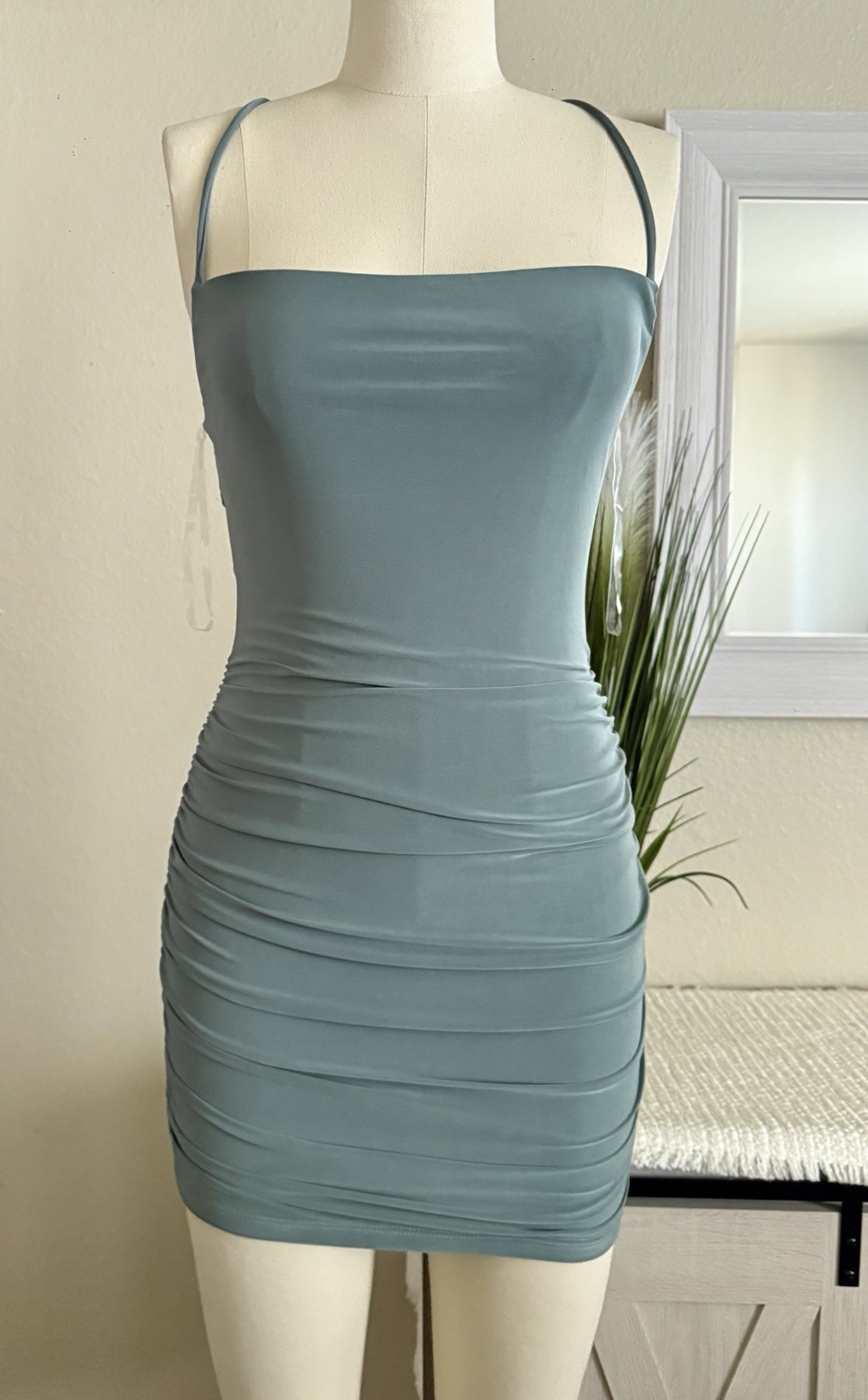 Fashion Boutique Women’s TRESSER Sage Green Halter Lace Up Mini Dress