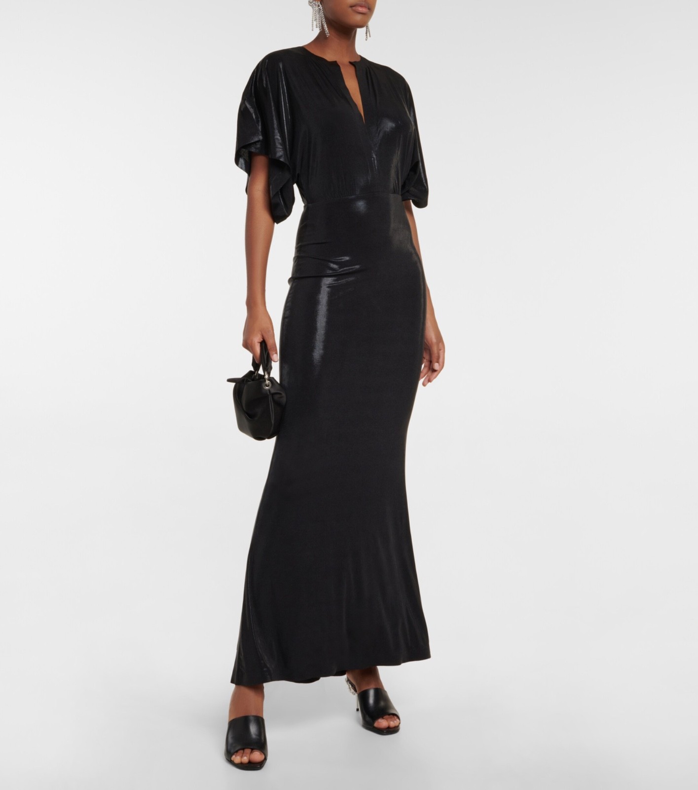 $255 NORMA KAMALI “Obie” open front shirt Maxi Dress – Black Foil – S / 36
