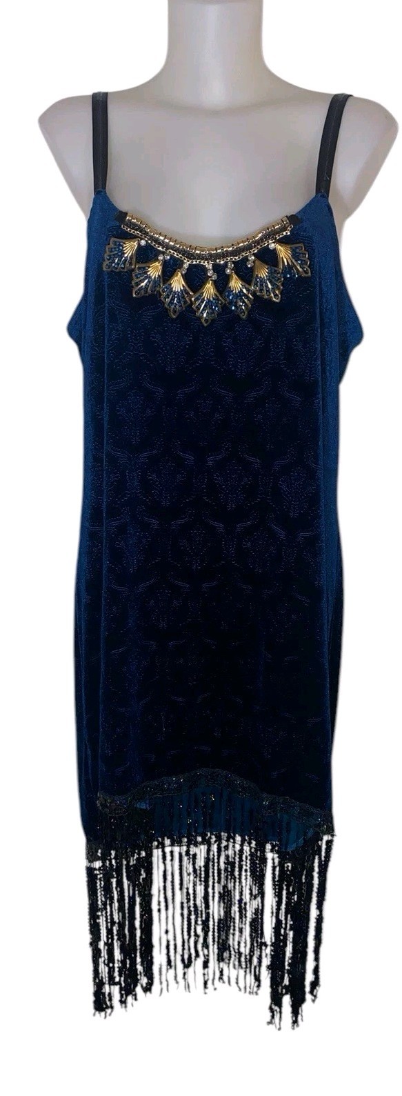 VTG Style Womens Blue Velvet Rhinestone Fringe Grunge Goth Flapper Slip Dress 3X