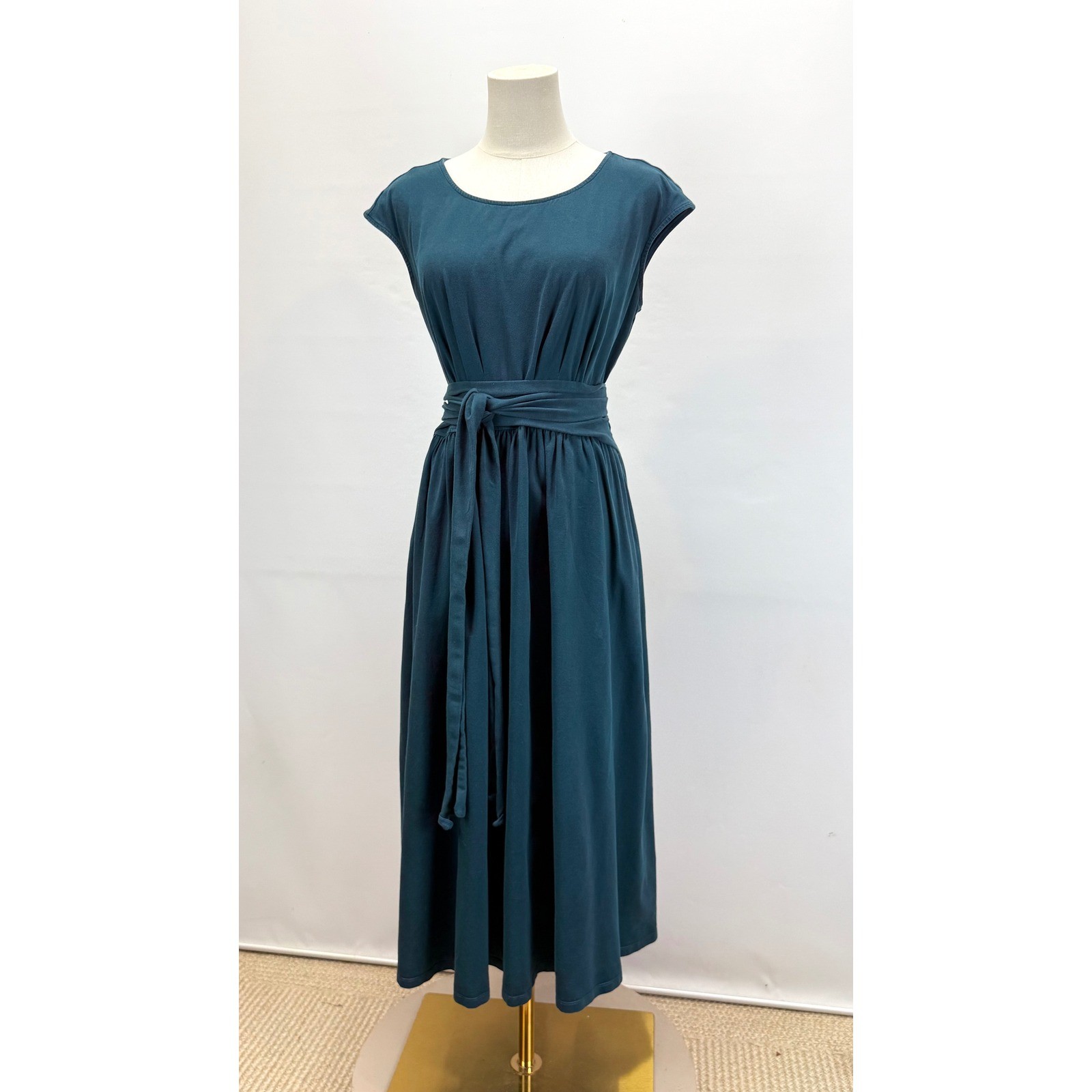 Eshakti Deep Teal Cap sleeve Midi Dress Gathered Waist and Matching Tie Belt L