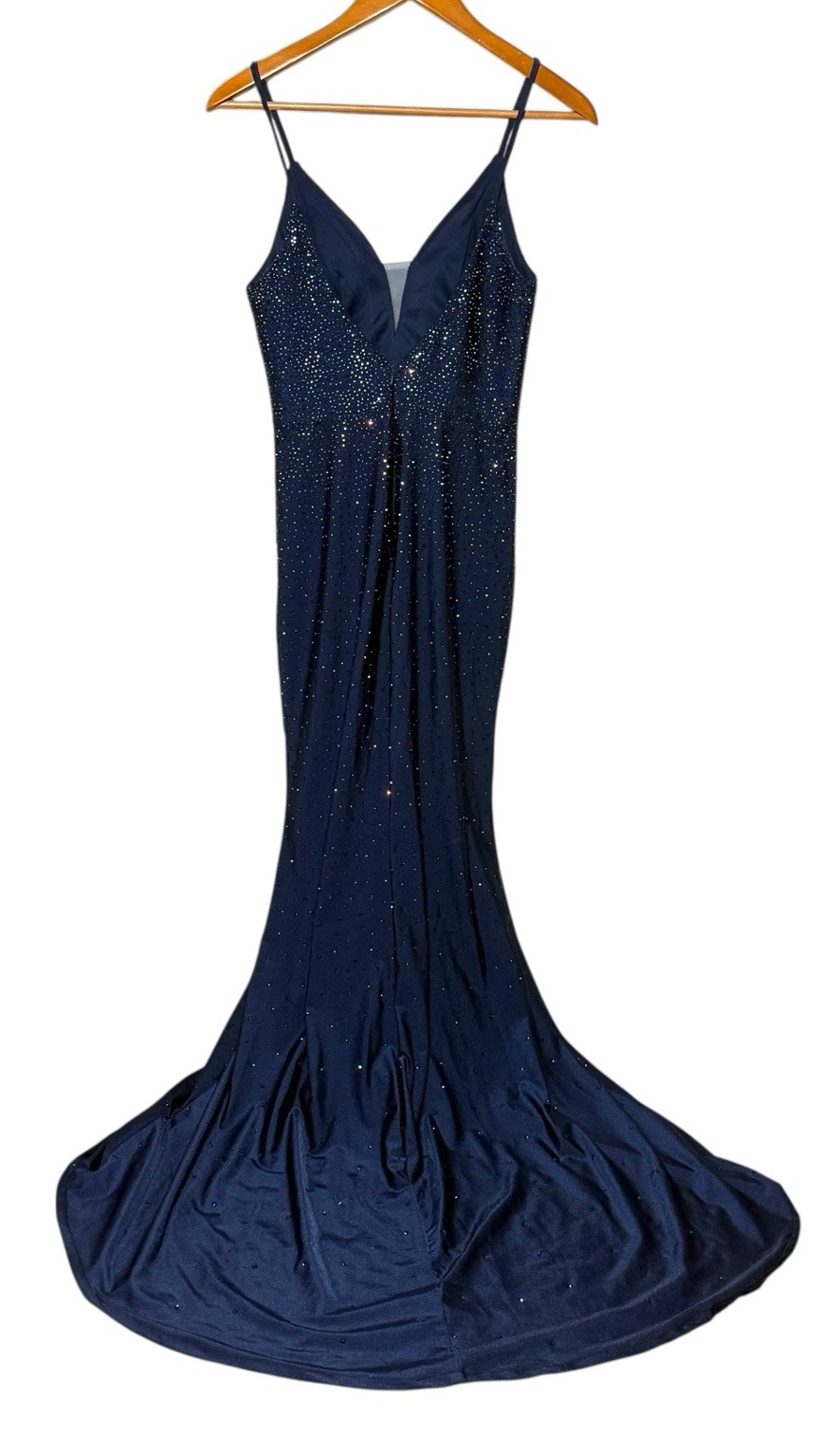 Dancing Queen Navy Blue Beaded Sparkling Maxi Train Evening Dress Sz S