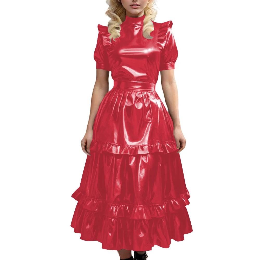 Gothic Shiny Leather PVC Long Dress Ruffled Vintage Maid A line Pleated Dress