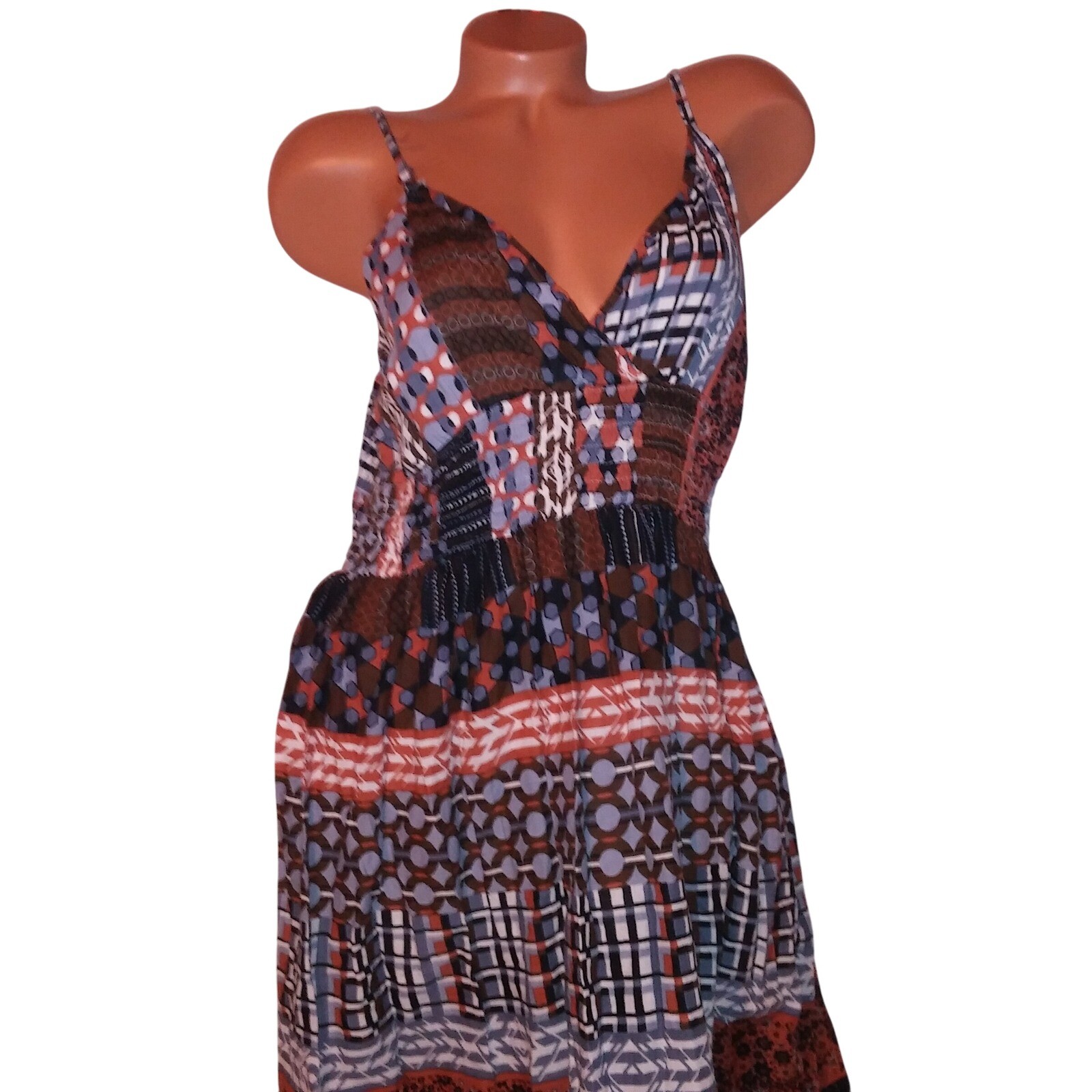 K Trixx Sun Dress Maxi Large Brown Blue White Smocked Sleeveless