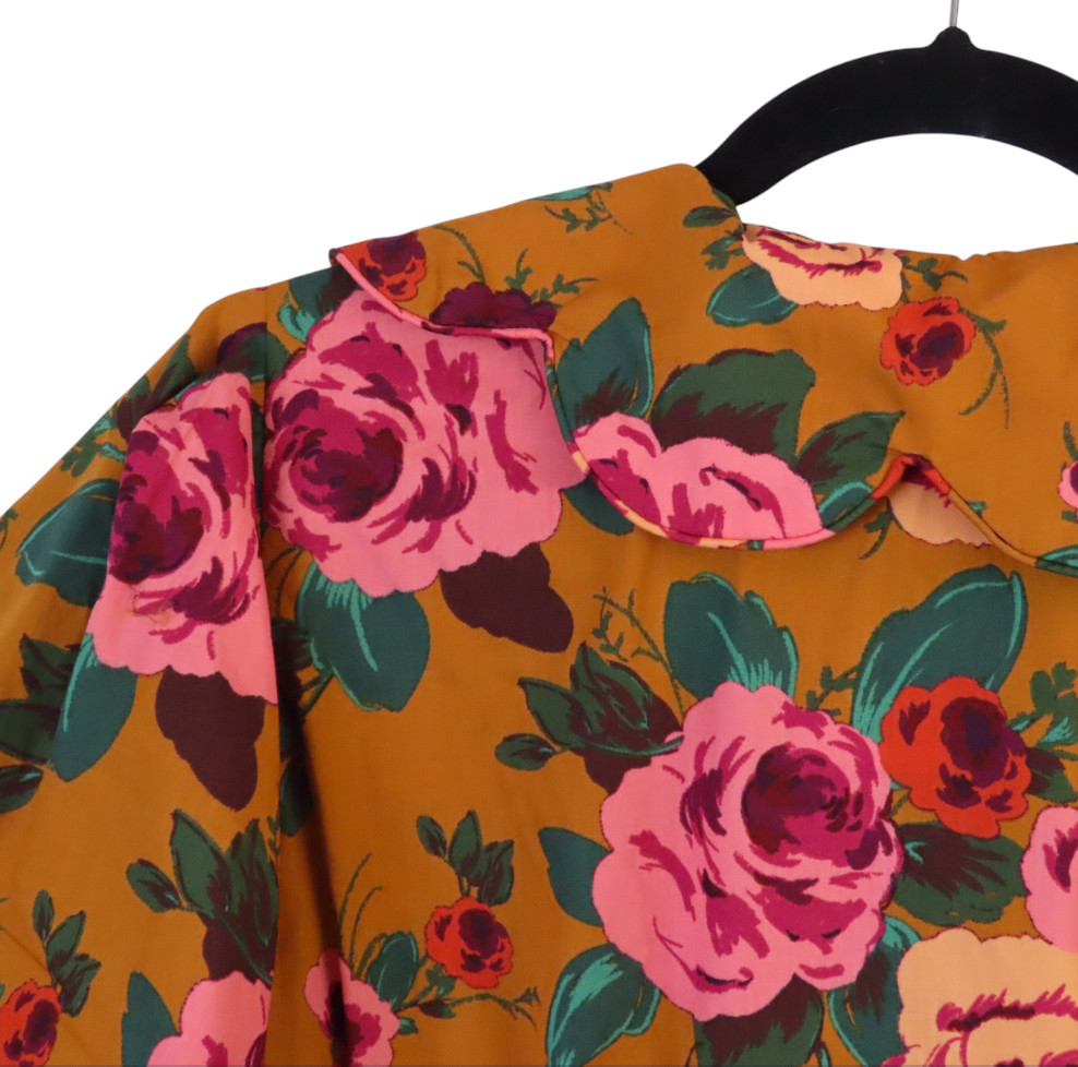 NWT Olivaceous PLEATED PUFF SLEEVE DRESS Mustard/Pink Floral SCALLOP COLLAR sz M