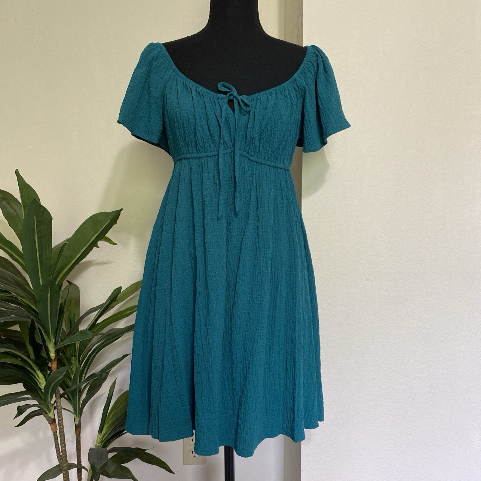 All in Favor Summer Dress Sz L Everglade Babydoll Bow Stretch Boho Cottage NEW
