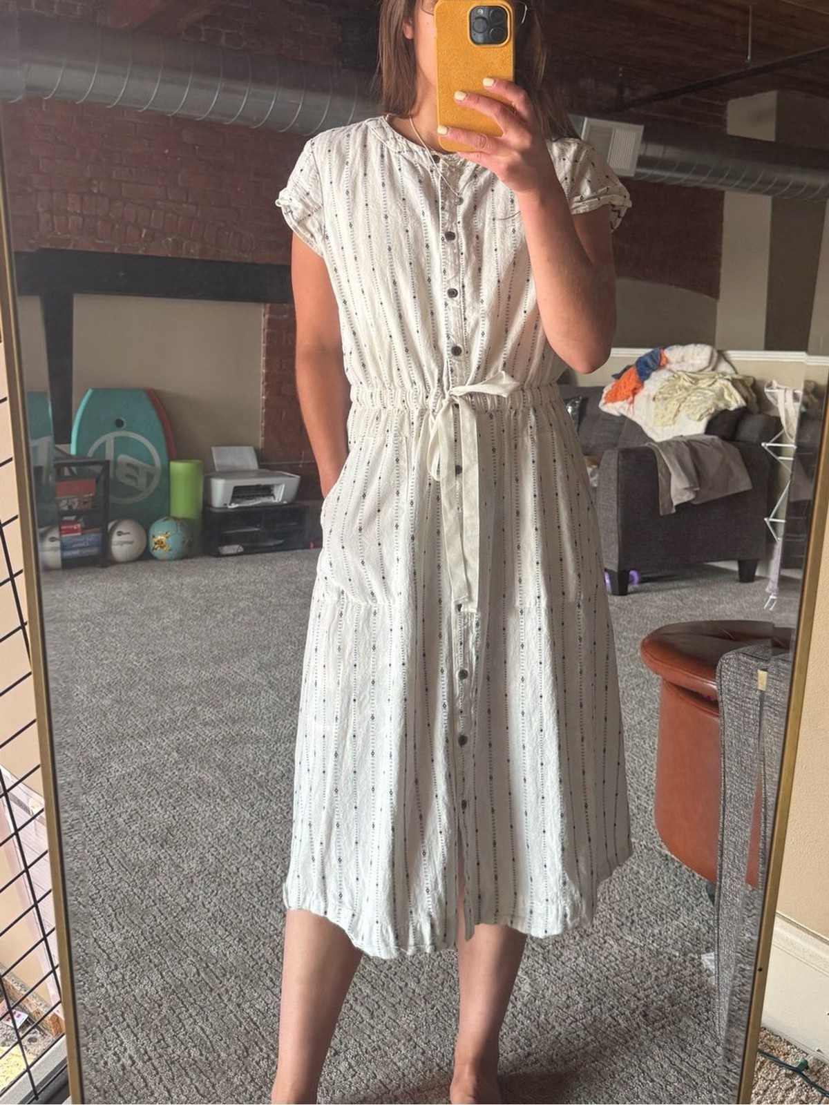 Casual Button-Front White Stripe Midi Dress with Tie Waist