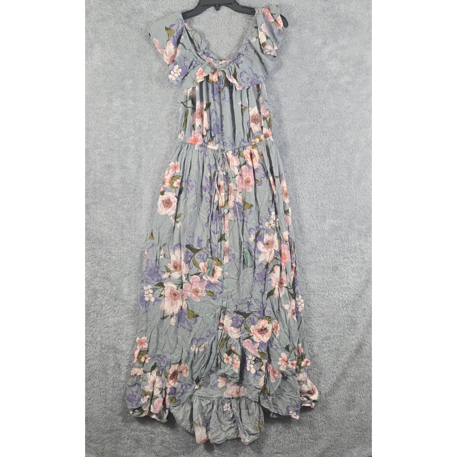 Band of Gypsies Blue Floral Off Shoulder High Low Ruffle Maxi Dress Womens Large