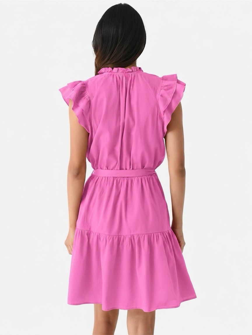 Stark X Austin Cotton Dress Flutter Sleeve Ruffle Collar Split VNeck Tie Waist